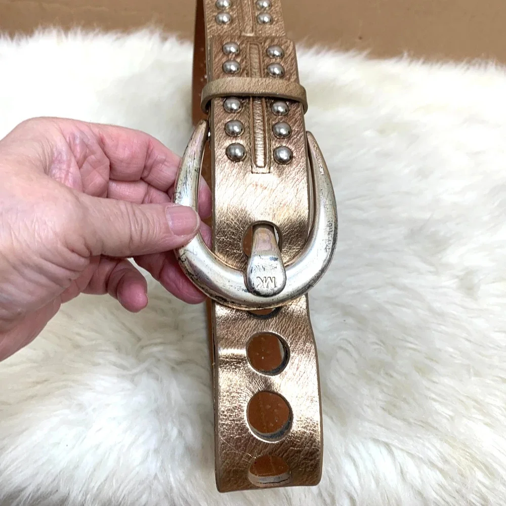 MICHAEL KORS Gold Leather Vintage Studded Belt Silver Buckle Sz SMALL